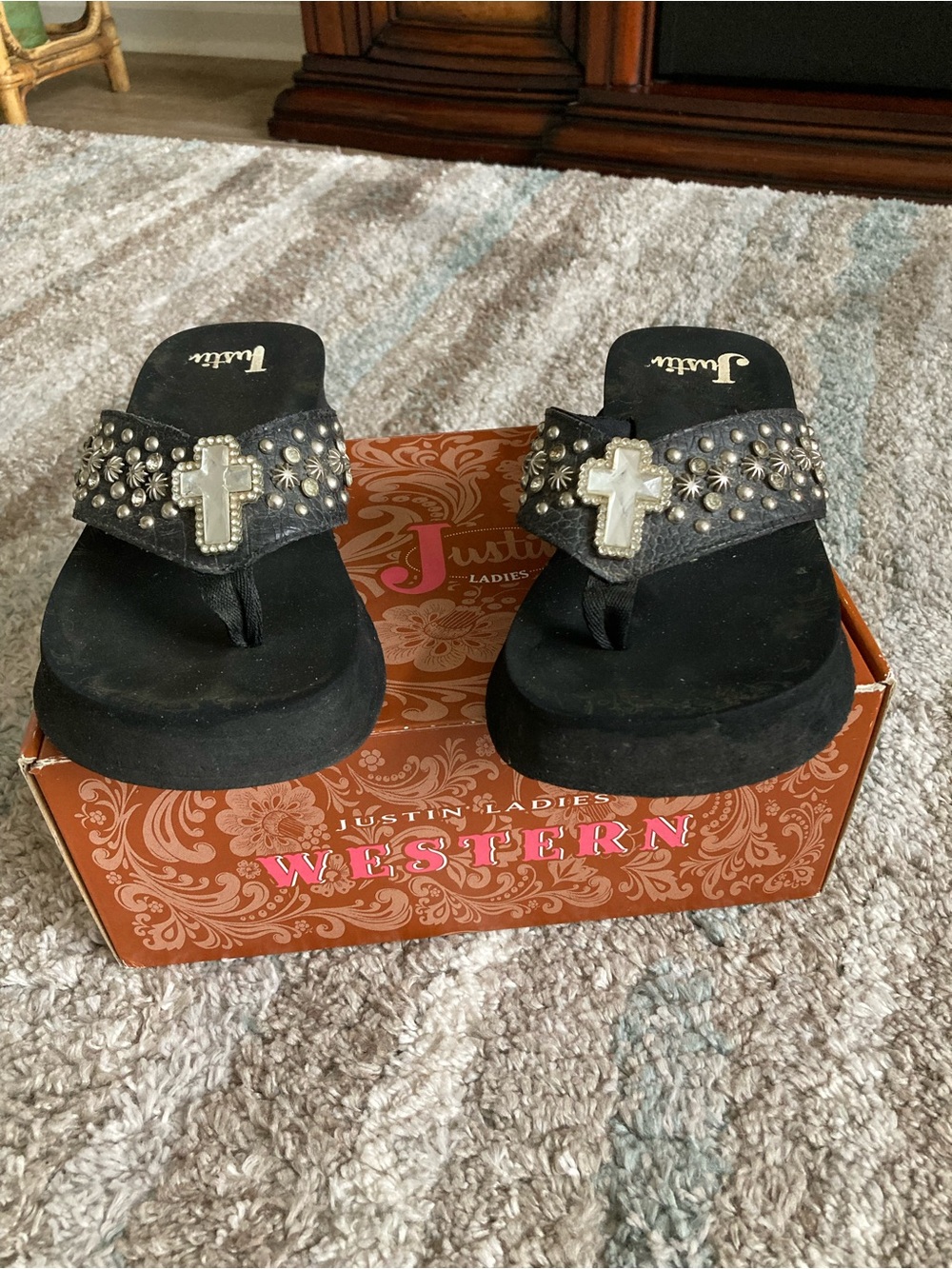 Justin Black Mini Wedge Flip Flops - Stars & Cross